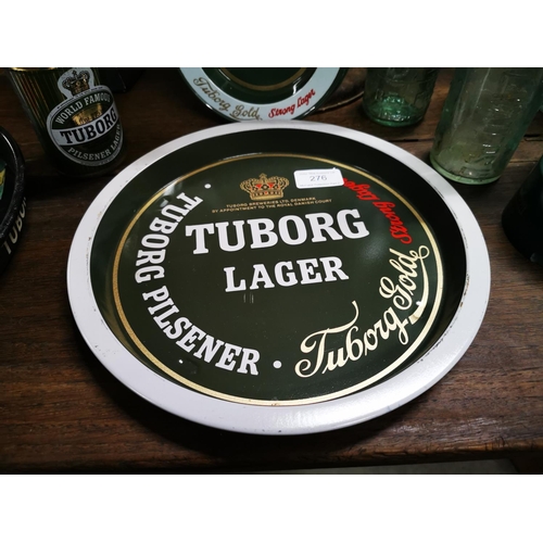 276 - Tuborg tinplate drink's tray { 27cm Dia } ashtray and beer can.