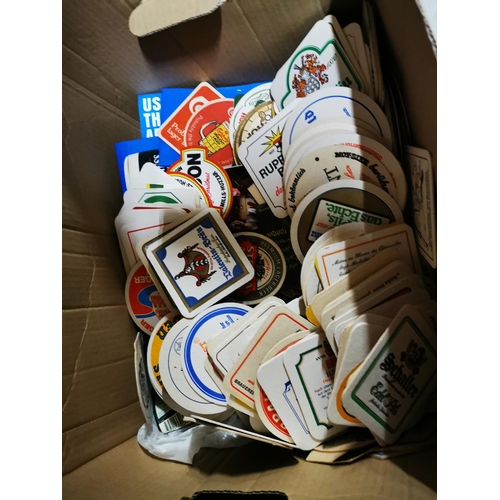 278 - Box of advertising bunting and box of miscellaneous beer mats Carlsberg, Harp etc.