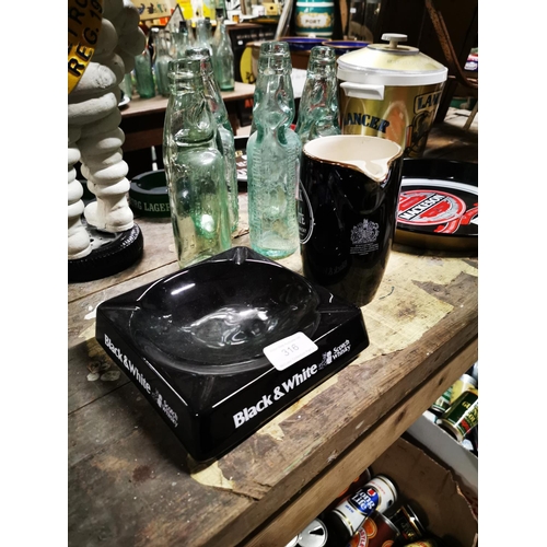 316 - Black and White Scotch Whiskey ceramic water jug and ashtray .