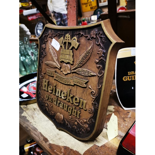 318 - Heineken On Draught advertisement in the form of a shield  { 31cm H X 29cm W }.