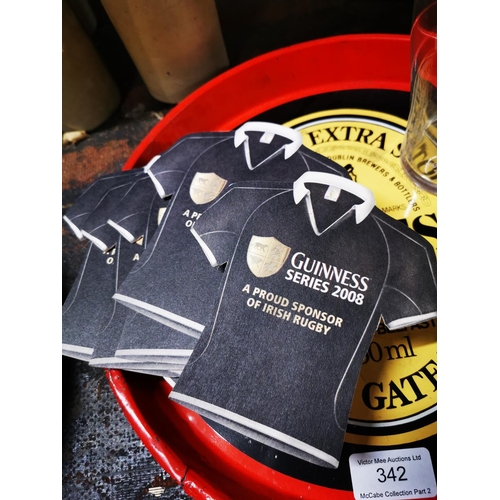 342 - Guinness tinplate drink's tray  { 30cm Dia }, collection of Guinness beer mats in the form of rugby ... 