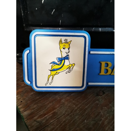 416 - Babycham Invicta plastic advertising shelf sign. { 8cm H X 26cm W }