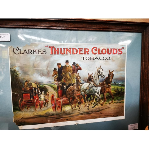 423 - Clarke's Thunder Clouds Tobacco advertising showcard. { 38cm H X 53cm W }