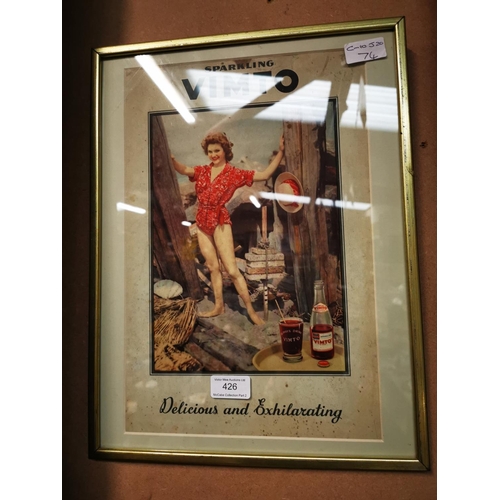 426 - Unusual Sparkling Vimto framed advertising showcard {42 cm H x 32 cm W}.