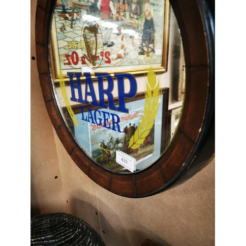 431 - Harp Lager Advertising Mirror inset in wooden barrel top {39cm dia}