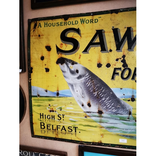 435 - Rare Household Word Sawyer's For Fish High St Belfast enamel advertising sign. { 76cm H X 122cm W }.