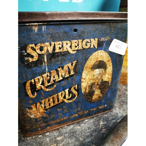 443 - Sovereign Creamy Whirls 7d per lb.  tinplate Sweet Tin { 21cm H X 22cm W }.