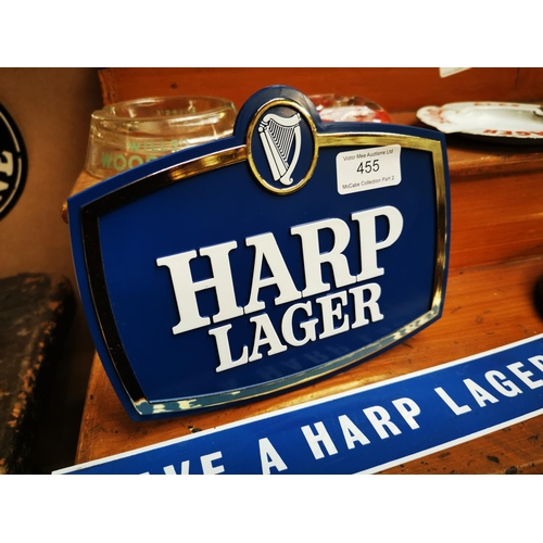 455 - Harp Lager Perspex counter display sign { 16cm H X 20cm W } and Have A Harp advertising strip.