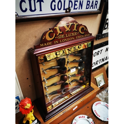 460 - Extremely rare 20th C. mahogany and gilded Civic Pipes advertising display cabinet with original pip... 