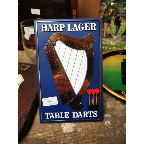 493 - Harp Lager table darts set. { 26cm H X 16cm W }.