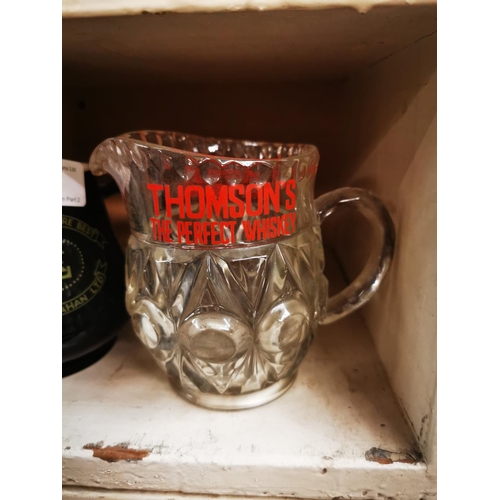 541 - Thompsons Perfect Whiskey glass advertising jug {11 cm H} and Old Friends Are Best ceramic advertisi... 