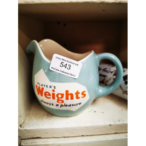 543 - Player's Weights - Always A Pleasure ceramic advertising jug {10 cm H}.