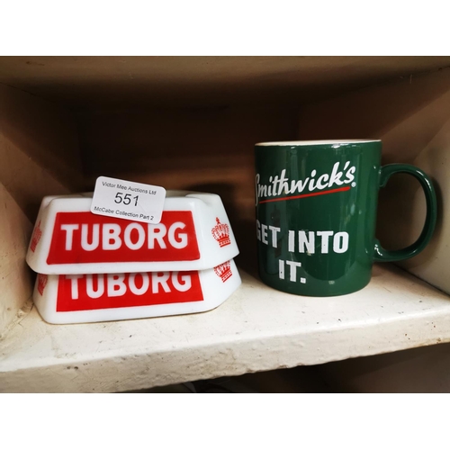 551 - Two Tubord ceramic ashtrays and Smithwick's ceramic advertising mug.