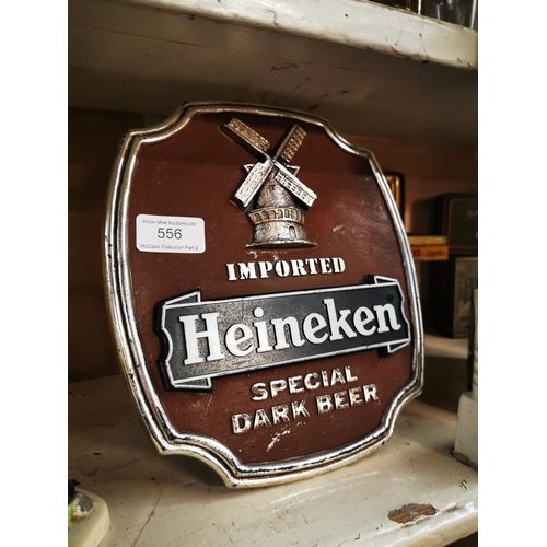 556 - Heineken Imported Special Dark Beer counter display advertising sign {24 cm H x 21 cm W}.