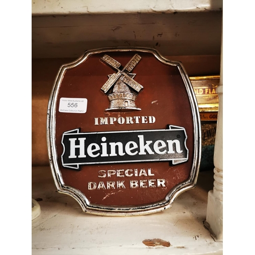 556 - Heineken Imported Special Dark Beer counter display advertising sign {24 cm H x 21 cm W}.