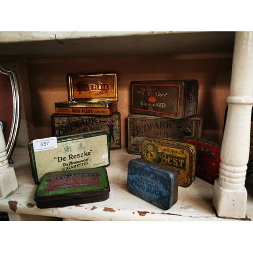 557 - Collection of nine advertising tobacco tins - Gold Flake, Bulwark, Junior Member etc.