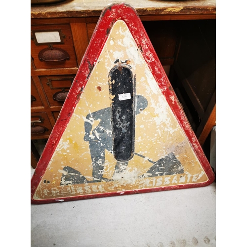 576 - Early 20th C. tin plate road sign in the form of a triangle {80 cm H x 90 cm W}.