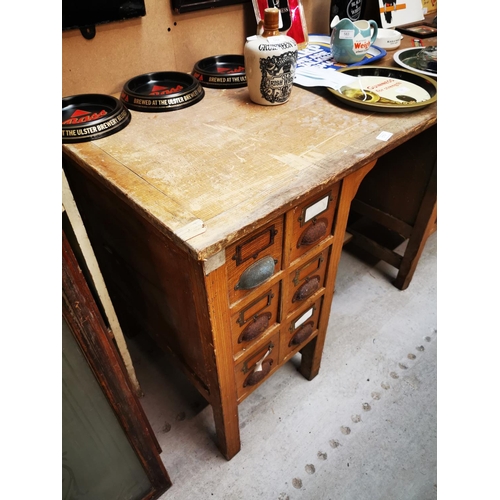 579 - 1930s pine kneehole office desk {76 cm H x 246 W x 60 cm D}.