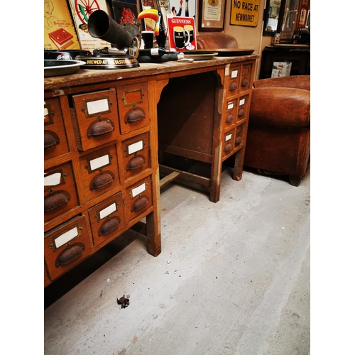 579 - 1930s pine kneehole office desk {76 cm H x 246 W x 60 cm D}.