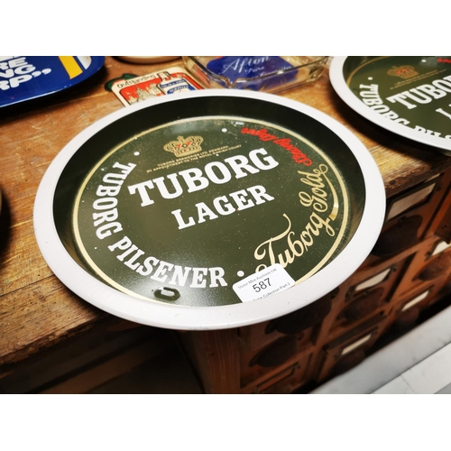 587 - Two Tuborg tin plate advertising tray {27 cm Dia.} and Afton's Cigarettes advertising ashtray.