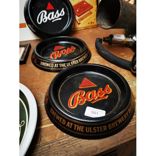 591 - Three tin plate Bass advertising ashtrays.