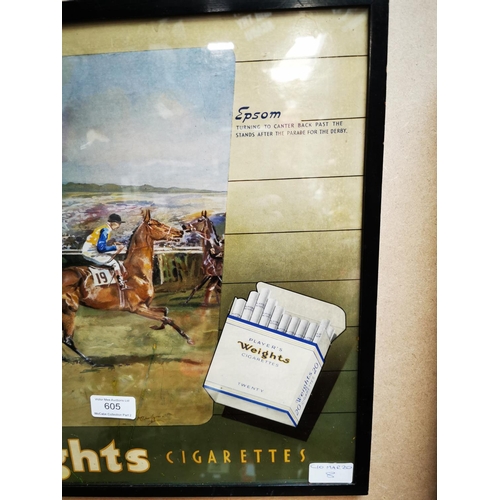 605 - Player's Weights Cigarettes framed advertising show card. { 40cm H X 52cm W }.