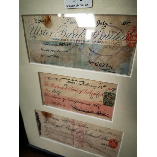 619 - Three framed cheques  Ulster Bank Ltd 1915, The Provincial Bank Of Ireland 1929 and The Royal Bank o... 