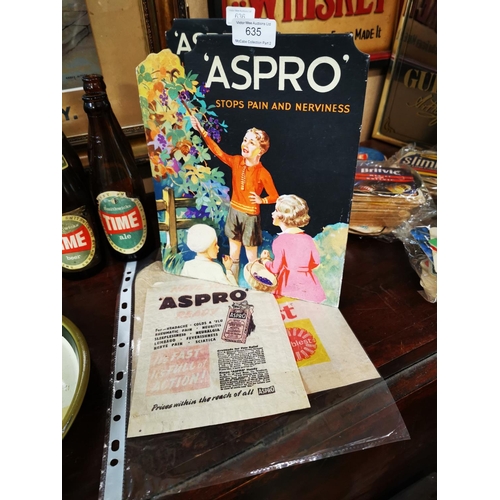 635 - Aspro Stops Pain and Nervousness advertising showcard {26 cm H x 21 cm W} including two advertising ... 