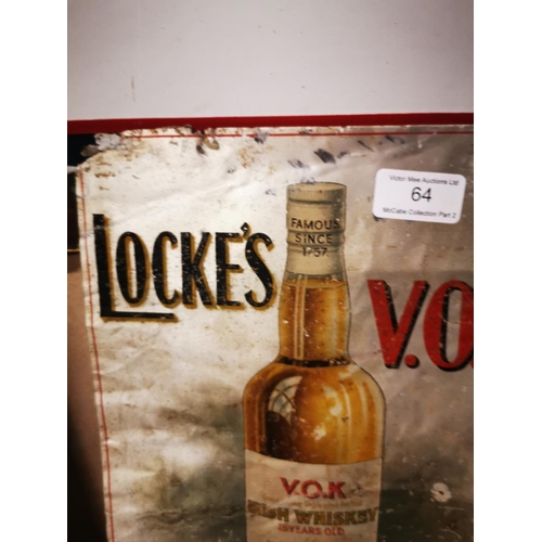 64 - 1950's Locke's VOK No Finer Irish Whiskey aluminium advertisement. { 33cm H X 23cm W  }.