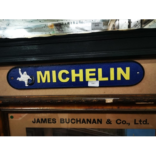 641 - Cast iron Michelin Tyres advertising sign {9 cm H x 50 cm W}.