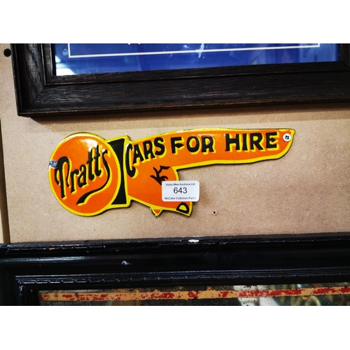 643 - Pratt's Car For Hire enamel advertising sign in the form of a hand {9 cm H x 25 cm W}.