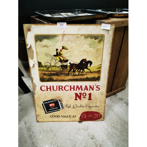 650 - Churchman's No.1 High Quality Cigarettes advertising showcard {50 cm H x 38 cm W}.