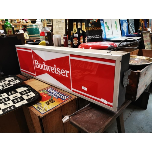 652 - Budweiser light up hanging advertising box {31 cm H x 116 cm W x 12 cm D}.