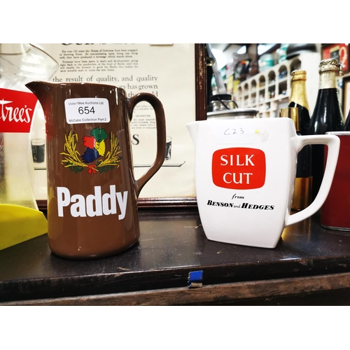 654 - Paddy Whiskey ceramic advertising jug {16 cm H} and Silk Jug {13 cm H}.