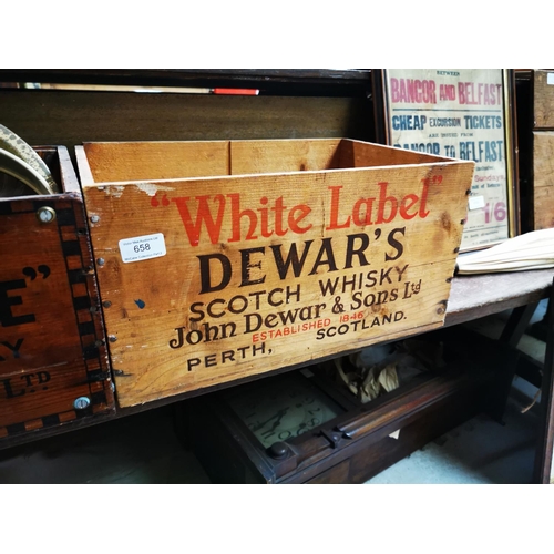 658 - Two advertising crates - Dewar's and Black and White  { 22cm H X 43cm X 30cm each.}.