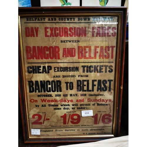 659 - Belfast and Co. Down Railway Bangor and Belfast framed railway notice {44 cm H x 34 cm W}.