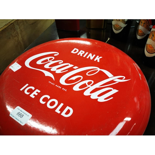 668 - Drink Coco Cola Ice Cold enamel advertising sign. { 34cm Dia. }.