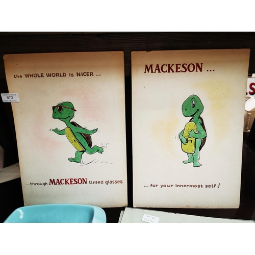 673 - Two Mackeson advertising showcards {38 cm H x 27 cm W}.