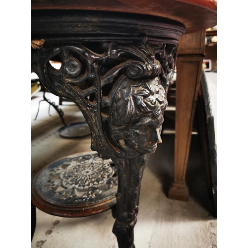 710 - Cast iron and mahogany top pub table {69 cm H x 59 cm Dia.}.