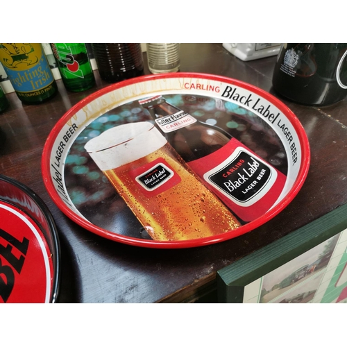 724 - Hey Mabel Black Label tinplate advertising tray {30 cm Dia.} and Carling Black Label advertising tra... 