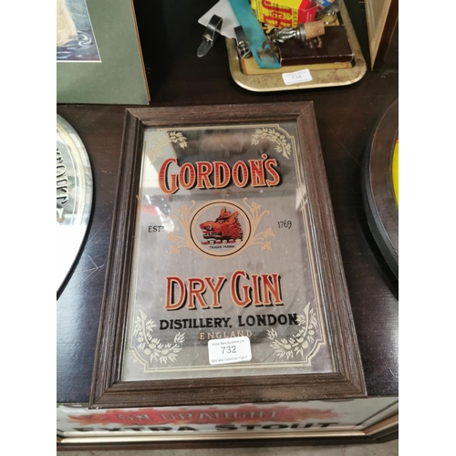 732 - Gordon Dry Gin framed advertising mirror {33 cm H x 23 cm W}.