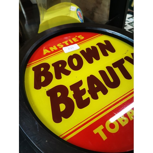 733 - Anstie's Brown Beauty Tobacco reverse painted glass advertising sign {36 cm H x 31 cm W}.