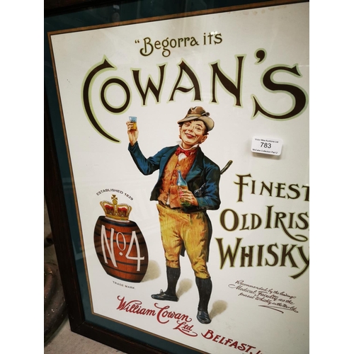 783 - Cowan's finest old Irish Whiskey Belfast framed advertising print {73 cm H x 61 cm W}.