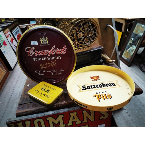 800 - Crawford's Scotch Whisky advertising drink's tray { 34cm Dia. } and Satzenbrau drinks tray {26 cm Di... 