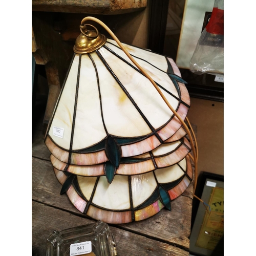 842 - Four Art Nouveau brass and glass pub lights. {25 cm H x 37 cm W}.