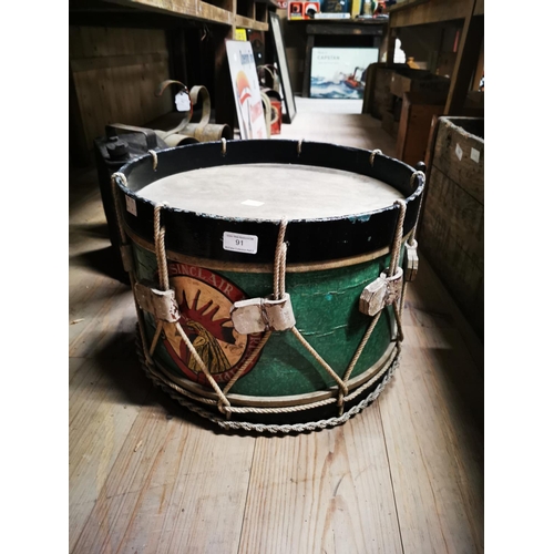 91 - Wooden painted side drum. Major J M Sinclair Memorial Pipe. { 32cm H X 45cm W }.