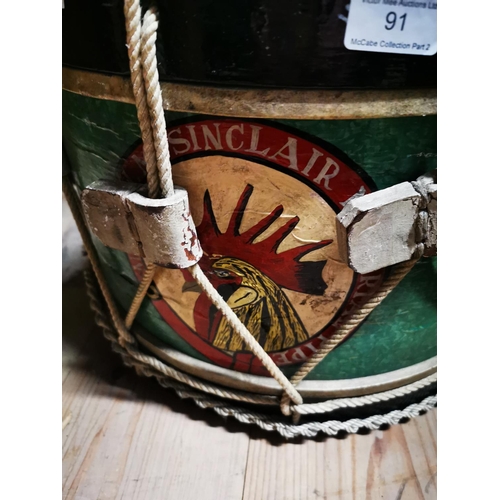 91 - Wooden painted side drum. Major J M Sinclair Memorial Pipe. { 32cm H X 45cm W }.