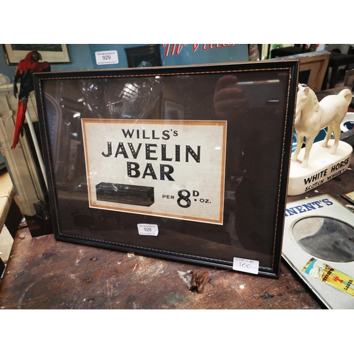 928 - Rare Will's Javelin Bar framed advertising showcard {31 cm H x 42 cm W}.