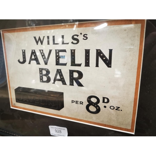 928 - Rare Will's Javelin Bar framed advertising showcard {31 cm H x 42 cm W}.