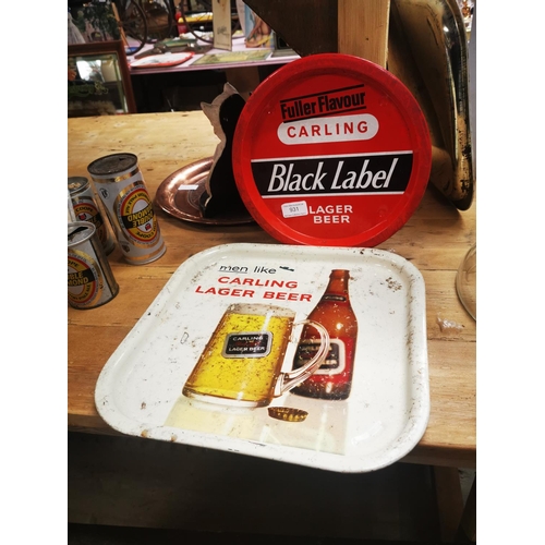 931 - Carling Lager Beer tinplate advertising tray {33 cm H x 33 cm W} and Blacklabel Lager beer tinplate ... 